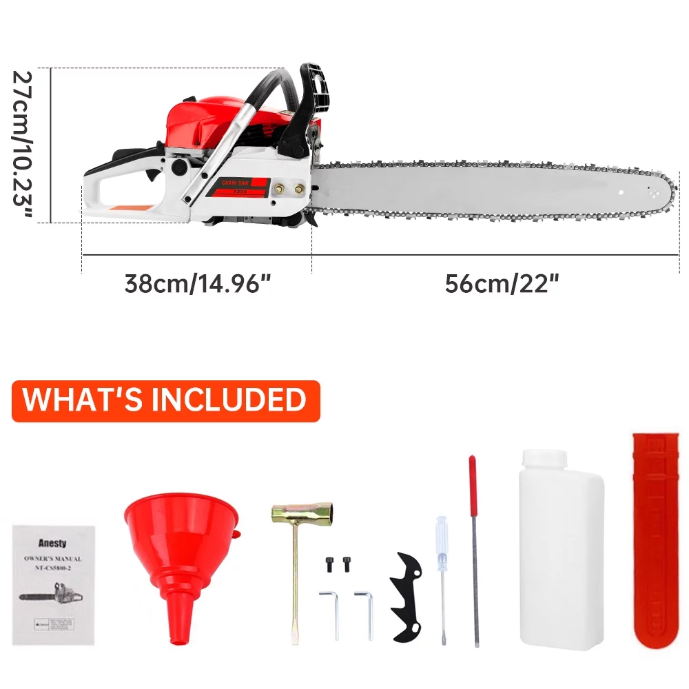 TOPTENG Gasoline Chainsaw with 22 in. Bar 52CC Engine 2-Cycle Gas Powered Chainsaw for Farm/Garden/Ranch/Firewood