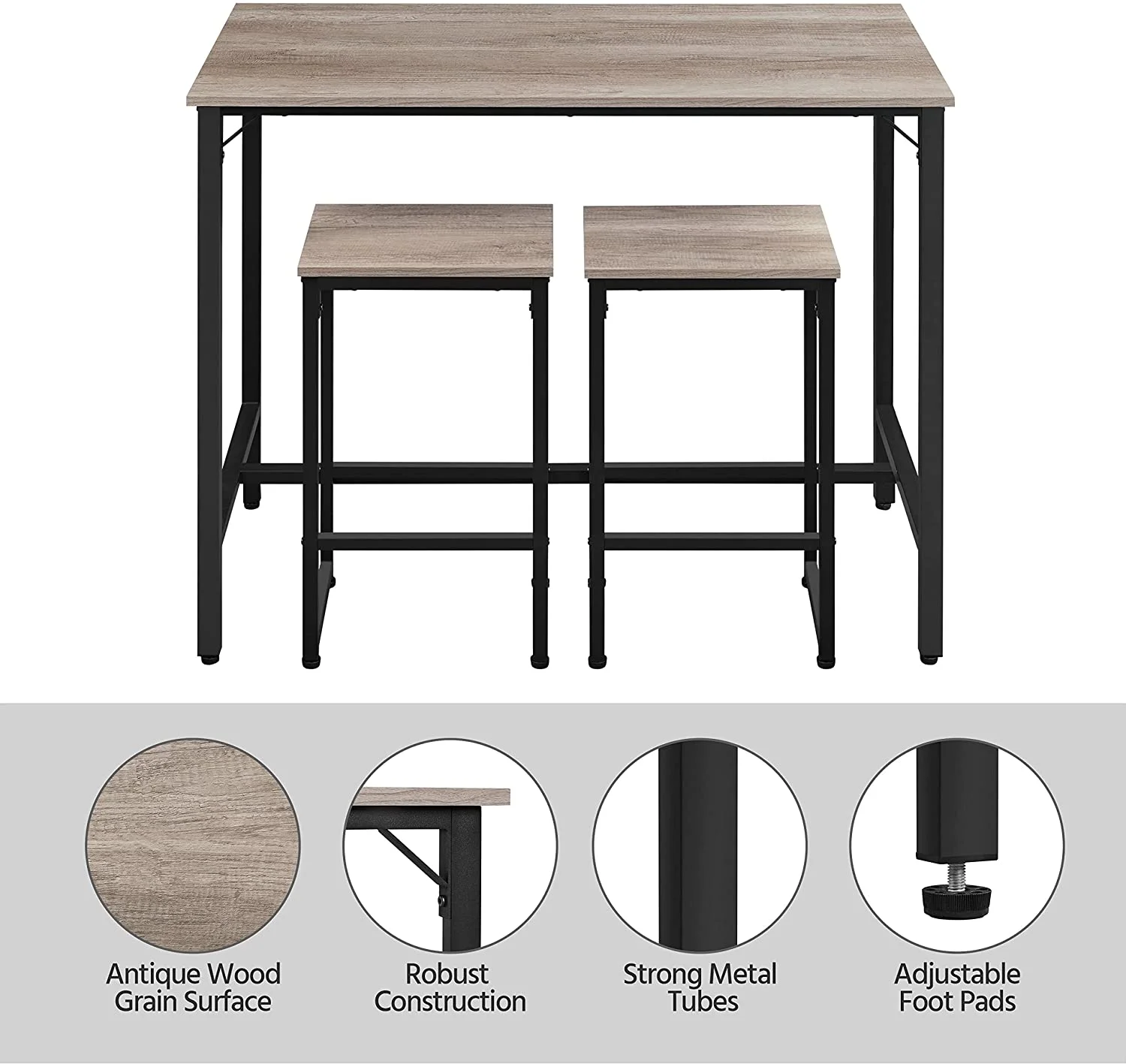 3 Piece Bar Table Set, 47.5” Industrial Counter Height Dining Table with Bar Stools Set of 2, Kitchen Breakfast Table and Chairs for Dining Room