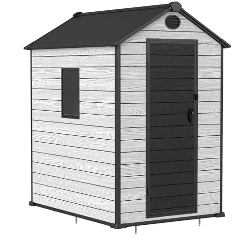 4.4x6 FT Resin Outdoor Storage Shed, 230 Cuft Garden Tool Sheds & Outdoor Storage Plastic Shed with Floor