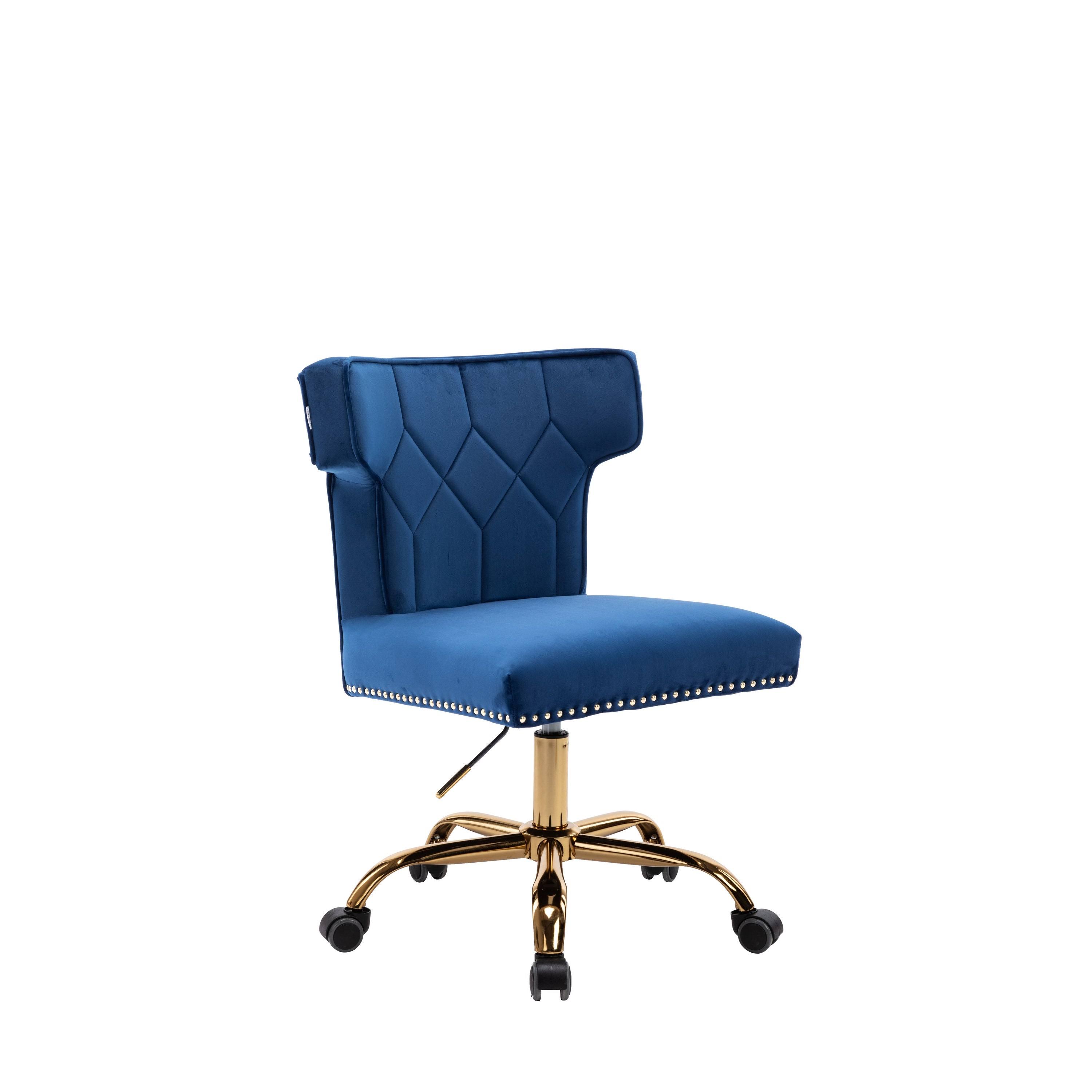 HOMEFUN Navy Velvet Upholstered Swivel Homeoffice Height Adjustable Task Chair with Gold Base and 360° Castor Wheels, Blue