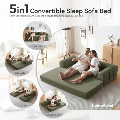 Convertible Sleeper Sofa Bed with Cylindrical Pillow, Comfy Foldable Sofa Bed Compressed Sofa in Box