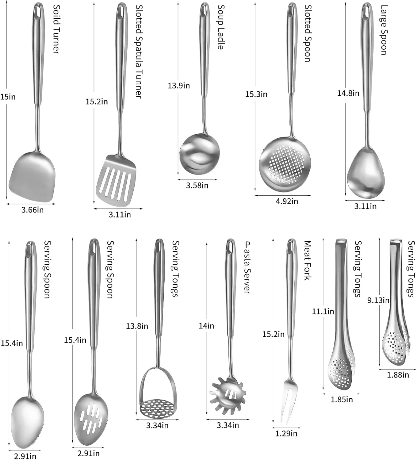 304 Stainlss Steel Kitchen Utensils Set, 12 Pcs Long Metal Cooking Utensil Gadgets Tools Set with Spatula, Ladle, Spoon, Ladle, Skimmer, Tunner