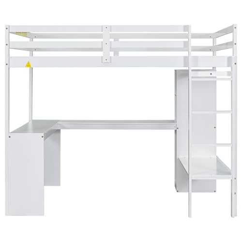 SOFTSEA Full Size Loft Bed with Desk & Wardrobe, Wood Loft Bunk Bed with Storage Shelves and Cabinets