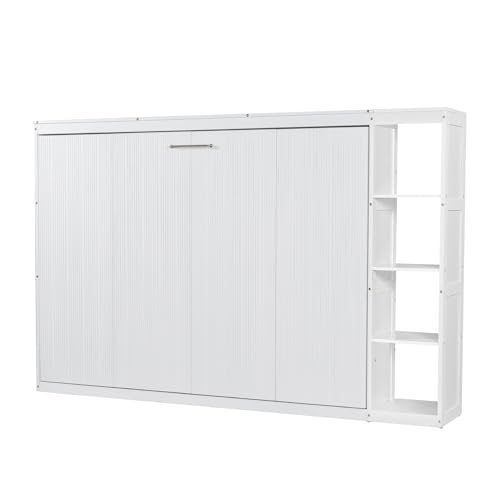 Queen Size Farmhouse Murphy Bed Cabinet with Charging Station, Foldable Platform Bed Frame with 2 Storage Drawers