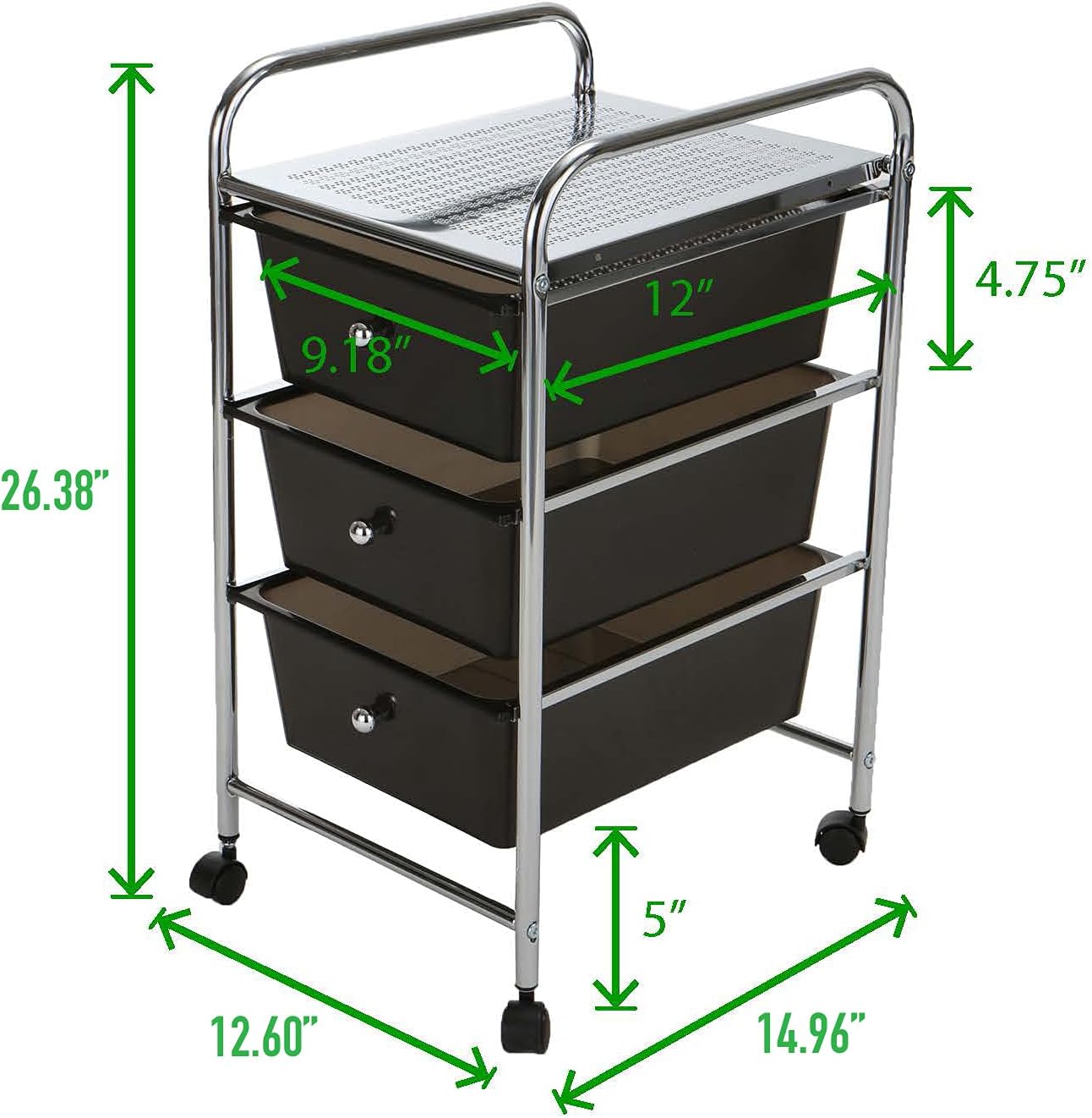 Mind Reader 3 Drawer Rolling Storage Cart and Organizer, Silver with Black Drawers Pack of 2