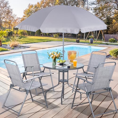 Vongrasig 6 Piece Folding Patio Dining Set,Small Metal Outdoor Garden Patio Table and Chair Set w/Umbrella for Lawn,Deck,Backyard,Black
