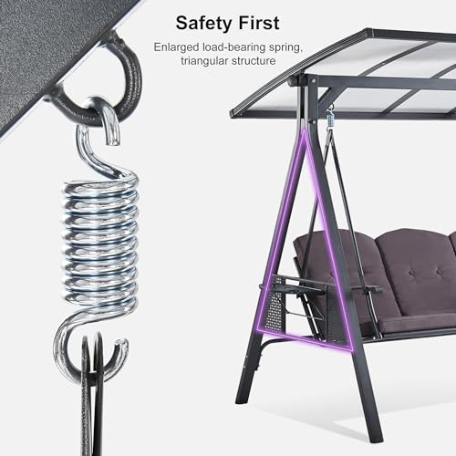 PURPLE LEAF Outdoor Patio Porch Swing with Adjustable PVC Canopy, 3-seat Swing Chair Bench with Side Cup Holder for Backyard Front Porch Lawn