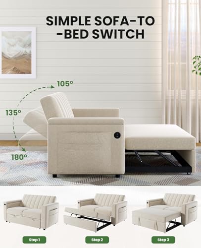 Marsail Sofa Bed, 3-in-1 Convertible Sleeper Sofa, Futon Couch with USB Charging, Side Pockets & Adjustable Backrest, Pull Out Couch for Living Room