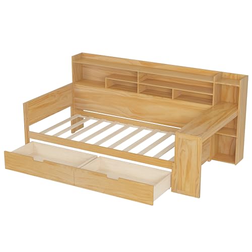 Corner Twin Bed Frame with Bookcase Storage and Desk, Wood Day Beds with 2 Drawers, Twin Size Daybed with Storage for Living Room