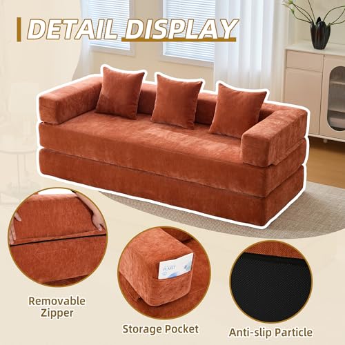 Convertible Sleeper Sofa Bed with Cylindrical Pillow, Corduroy Folding Mattress Couch with Fixed-Shape Frame