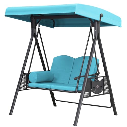 PURPLE LEAF Outdoor Patio Porch Swing with Adjustable PVC Canopy, 3-seat Swing Chair Bench with Side Cup Holder for Backyard Front Porch Lawn