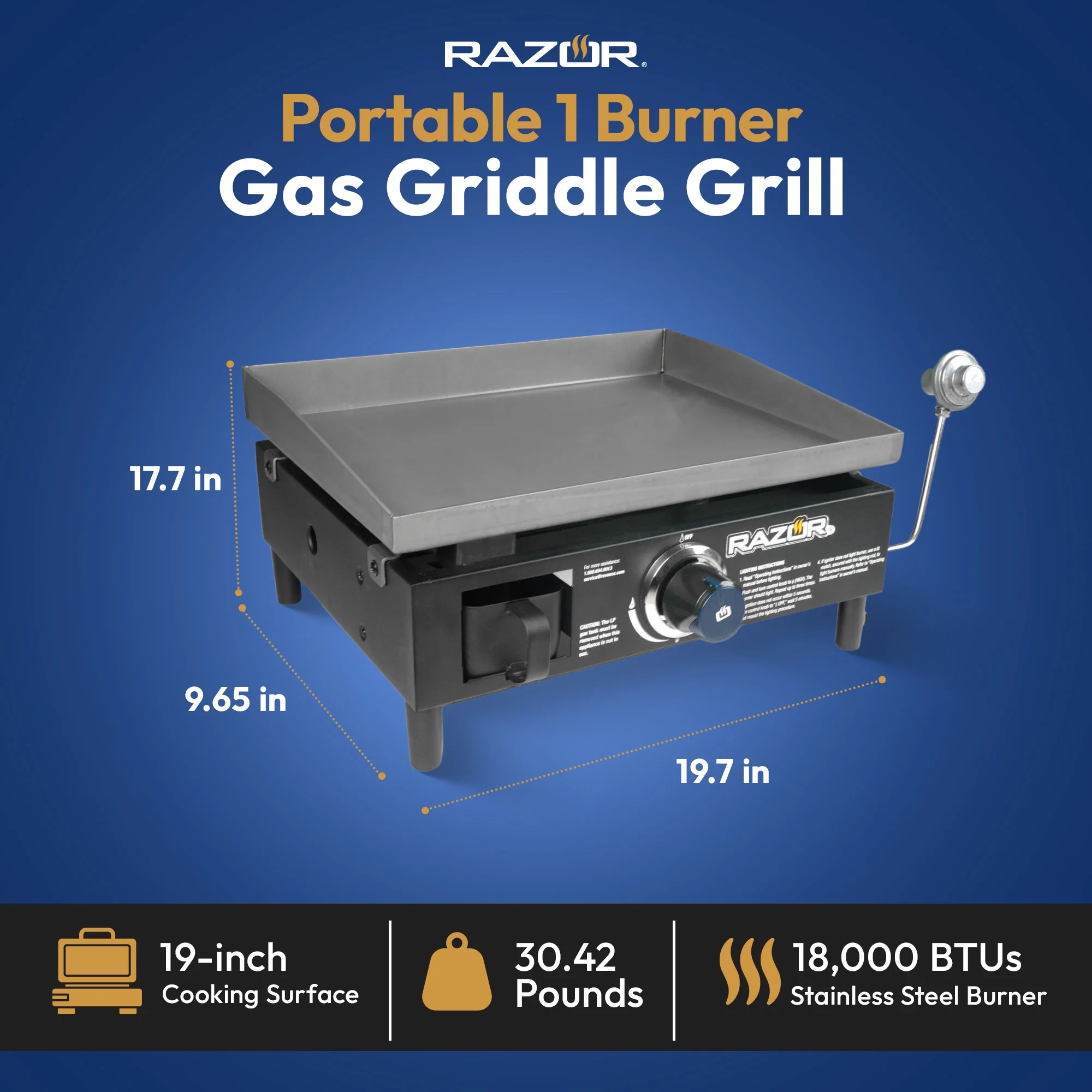 Razor Griddle GGT2160M 19" Portable 1 Burner LP Propane Gas Grill, Steel