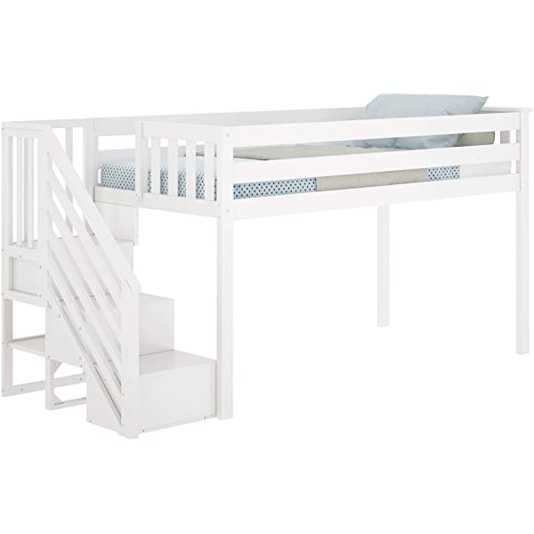 Max & Lily Twin Low Loft Bed with Staircase, White White Low Loft + Staircase Bed
