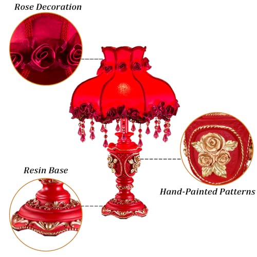 Lovely Table Lamp with Fabric Lampshade, Antique Flower Decorative Bedside Desk Lamp, Handmade Night Light for Bedroom Nightstand