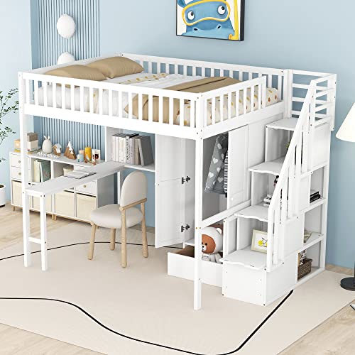 Twin Loft Bed with Staircase, Desk and Wardrobe, Wood Loft Bed with Storage Shelves and Safety Guardrail