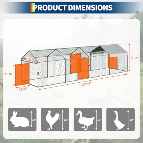 Large Metal Chicken Coop, 160" x40" x40" Chicken Runs for Yard with Cover, Walk in Poultry Cage with 3 Lockable Doors, Metal Chicken Run