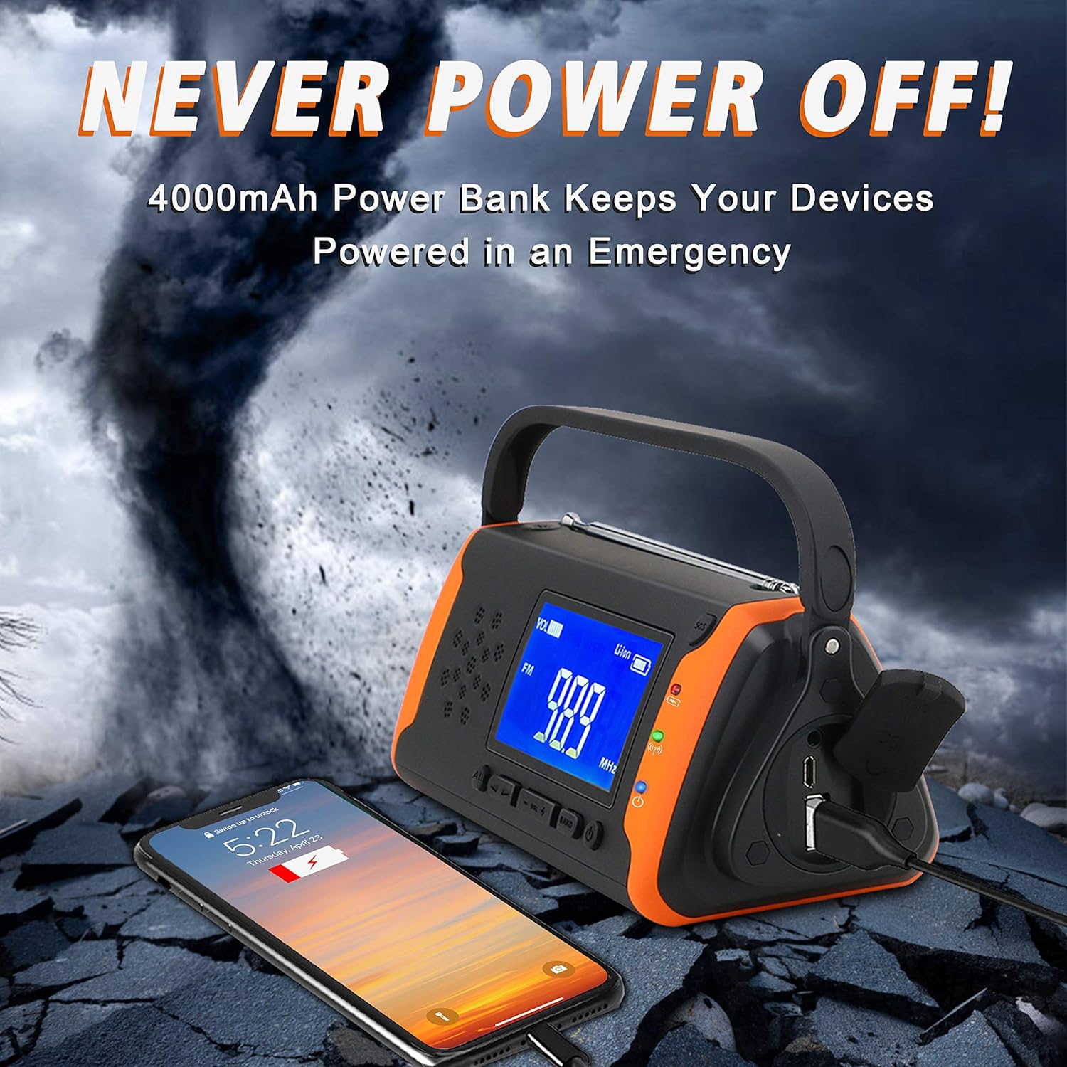 Emergency Weather Crank Radio 4000mAh - Portable, Solar Powered, Hand Crank, AM/FM/NOAA Weather Alert Radio, Aux Music Play, USB Cell Phone Charger