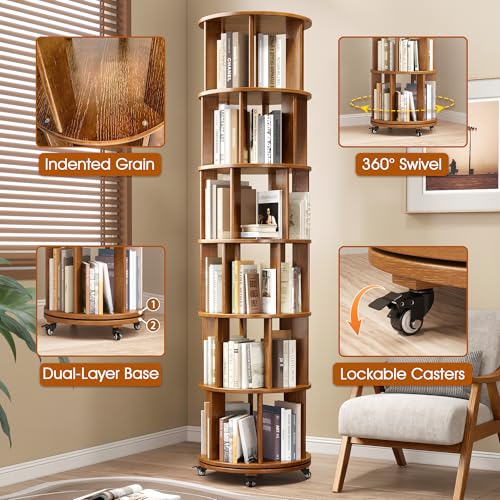 6 Tier Rotating Bookshelf Tower Spinning Bookshelf with Swivel Wheels Book Shelf Rotating Storage Tower for Kids Adult Narrow Walnut Solid Wood