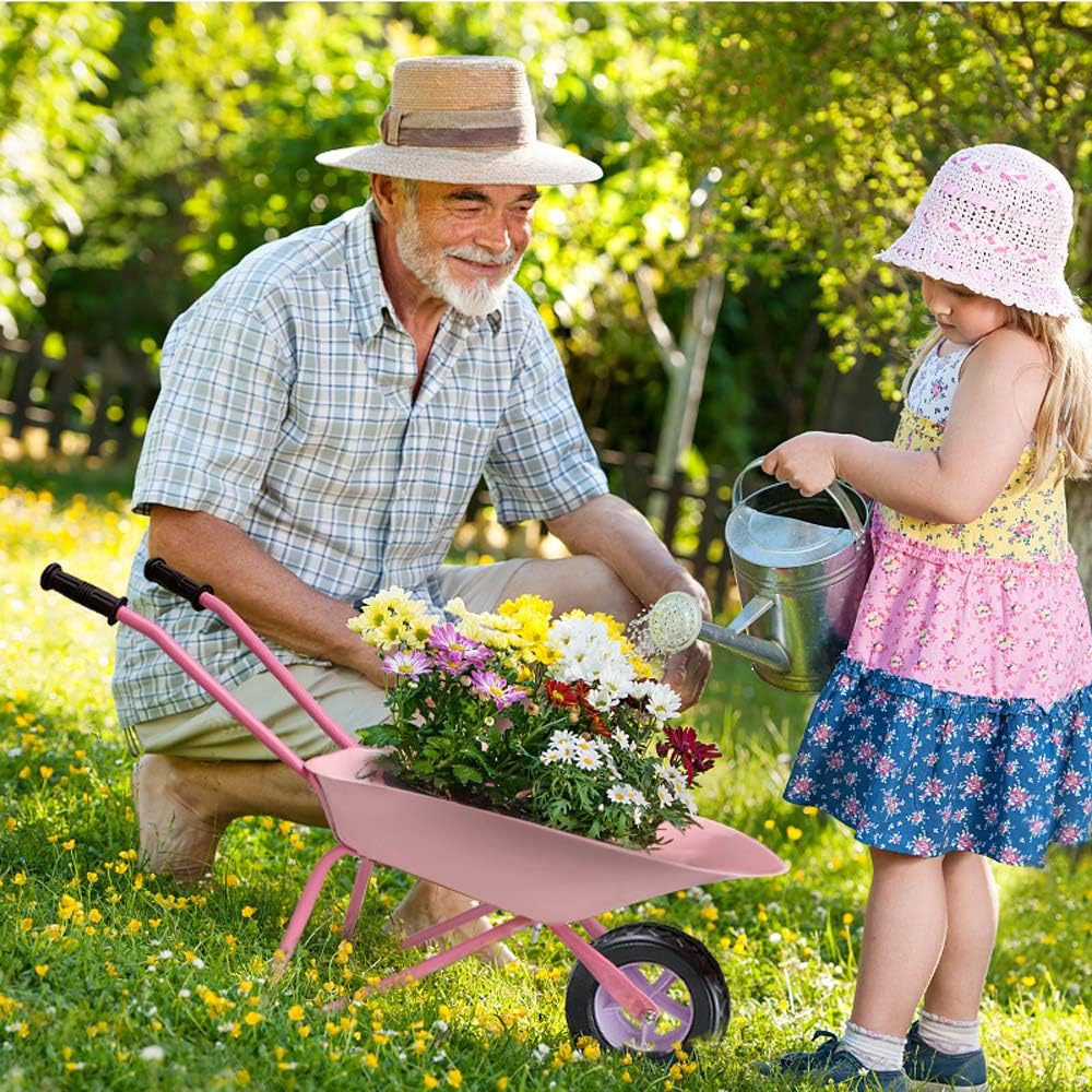 Altdorff Kids Wheelbarrow Set Metal, Child Wheel Barrel Pink Easy to Assemble and Garden Tools Kit Include Hand Rake, Shovel and Mini Rake