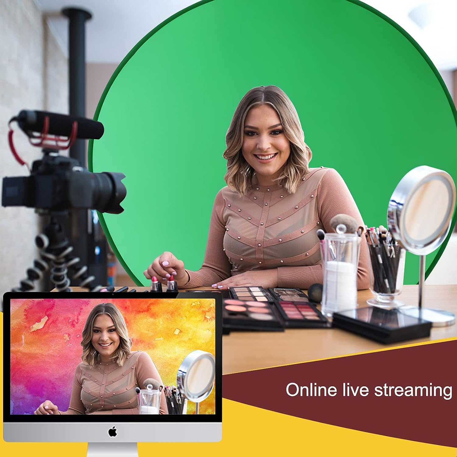 CoosBonfik Portable Green Screen Backdrop (56''), Collapsible Webcam Background, Green Screen for Chair, Chroma Key Green