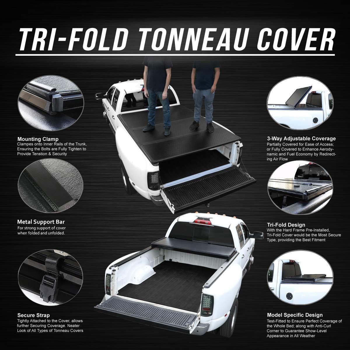 FRP Hard Solid Tri-Fold Adjustable Truck Tonneau Cover Compatible with Chevy Colorado GMC Canyon 5Ft Fleetside/Styleside Bed 15-19, Black Powdercoated