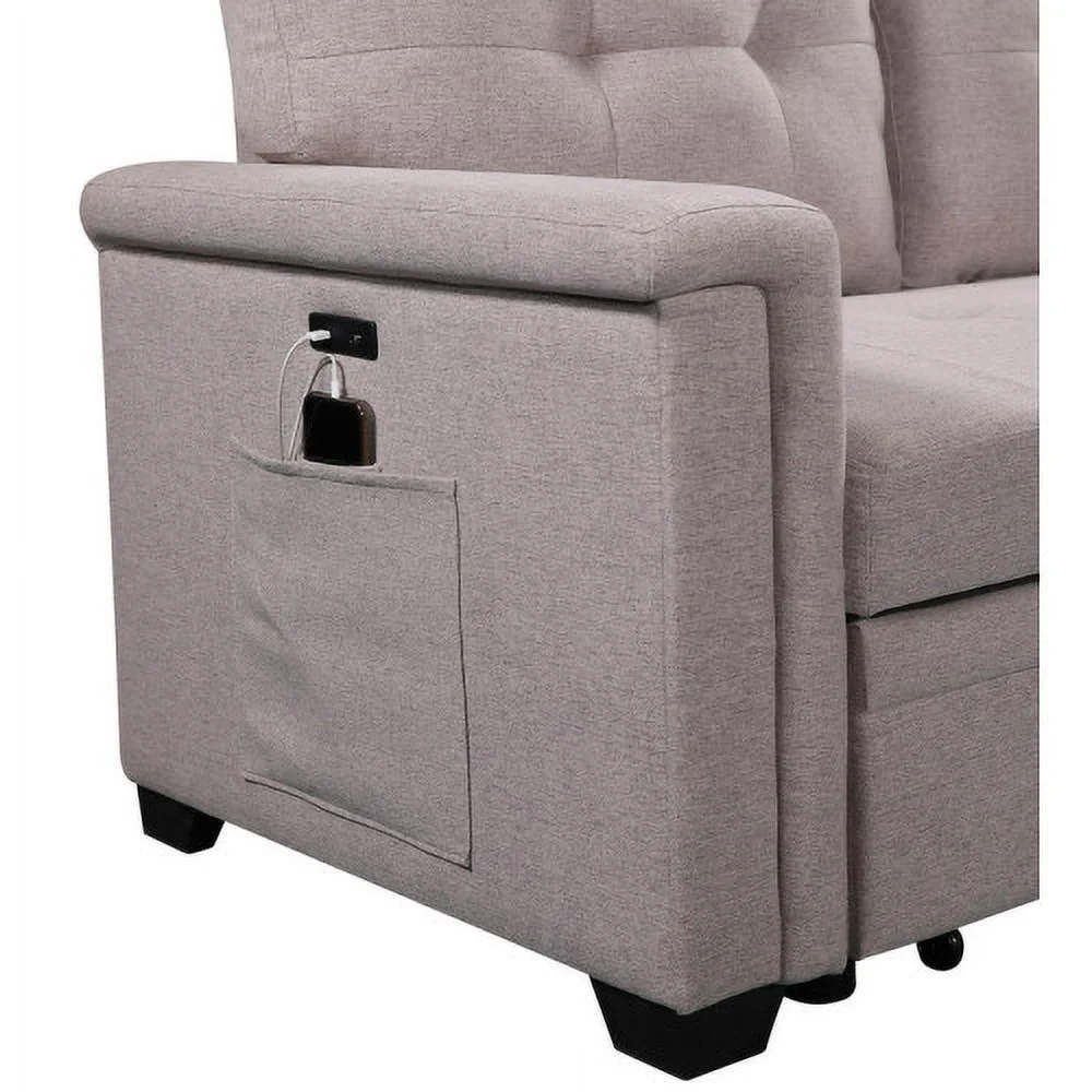 Light Gray Reversible Sleeper Sectional Sofa with Storage Chaise, USB Charging Ports and Pocket