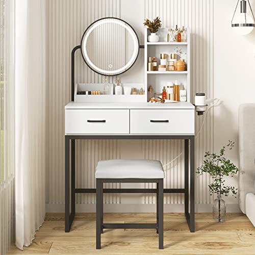 Makeup Vanity Desk with Round Mirror and Lights, White Vanity Makeup Table with Hair Dryer Rack