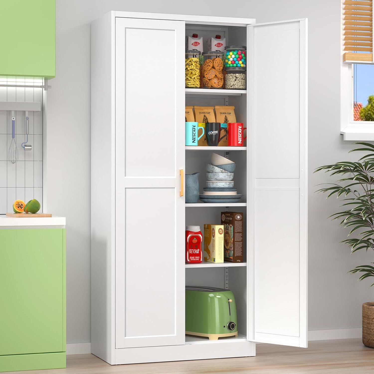 71''Kitchen Pantry Storage Cabinet,Freestanding Kitchen Pantry Cabinet,White Cabinets with Doors and Shelves, Tall Kitchen Storage Cabinet