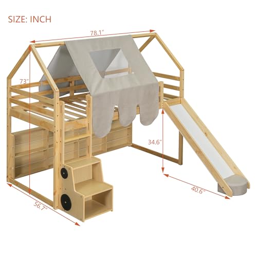 Harper & Bright Designs Kids Twin Low Loft Bed with Slide and Storage Shelves, Wood Playhouse Loft Bed Frame with a Tent & Stairs