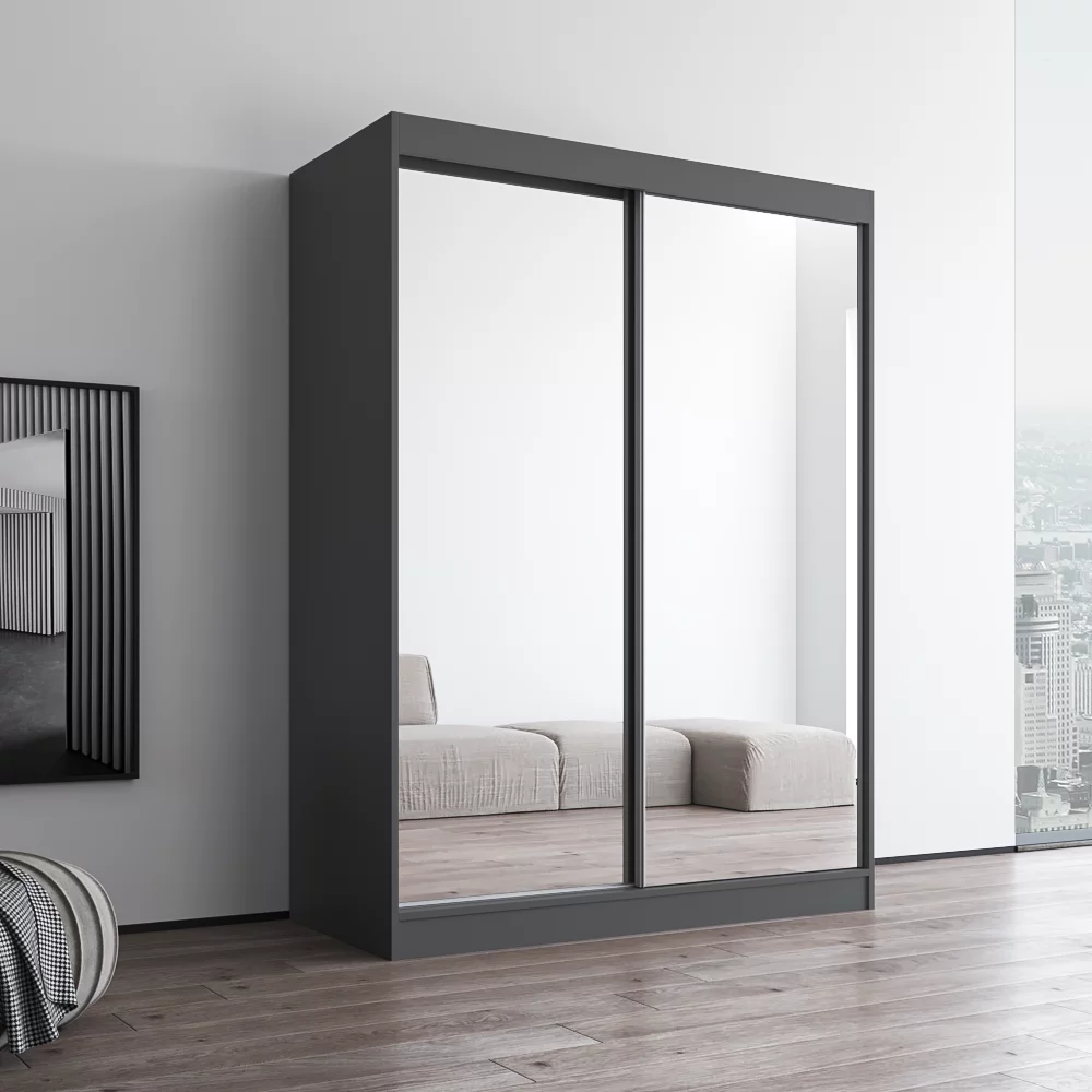 Aria 2 Door 59" Wide Modern High Gloss Wardrobe Armoire, Gray Body with All Mirror Fronts