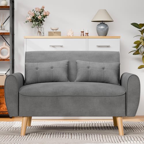 Shintenchi 47" Modern Linen Loveseat Sofa with 2 Pillows - Dark Grey | Compact, Stylish & Comfortable for Apartments, Studios & Small Spaces