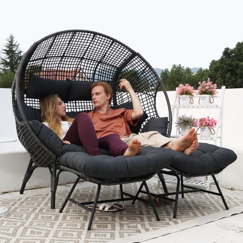 NICESOUL® Double Egg Chair Indoor Outdoor Stationary Oversized Thicken Padded Cushions, 2 Person Egg Loveseat Chair