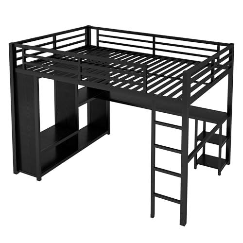 Bellemave Queen Size loft Bed with L Desk, Wardrobe, Metal Queen Loft Bed Frame for Adults, Kids, Teens, Black