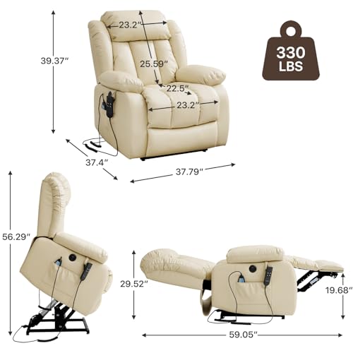 EDILLY Large Genuine Leather Power Lift Recliner Chairs for Elderly, Dual Motor with Massage and Heating,Double Lumbar Cushion and Extended Footrest
