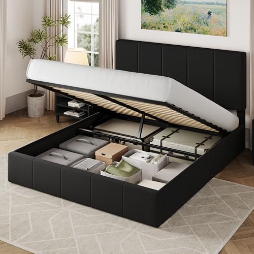 Allewie Queen Size Velvet Lift Up Storage Bed Frame, Vertical Channel Tufted Headboard, Hydrualic Underneath Storage, Upholstered Platform Bed