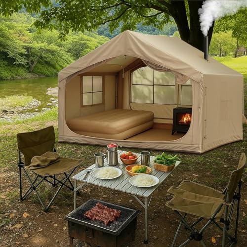 10' x 8' Inflatable Tent for Camping, 6-8 People Blow up Tent, 4 Season Inflatable House with Stove Jack