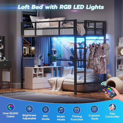 DICTAC Loft Bed Twin Size with Ladder and Guardrail,Metal Twin Loft Bed with Led Lights,Small Space Saving Furniture Design for Bedroom