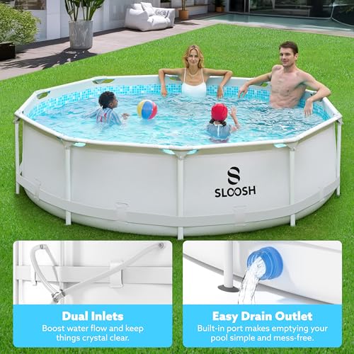 SLOOSH Round Above Ground Pool - 10ft x 30inch Outdoor Round Frame Above Ground Swimming Pool Set Kiddie Pool for Kids Adults with Filter Pump