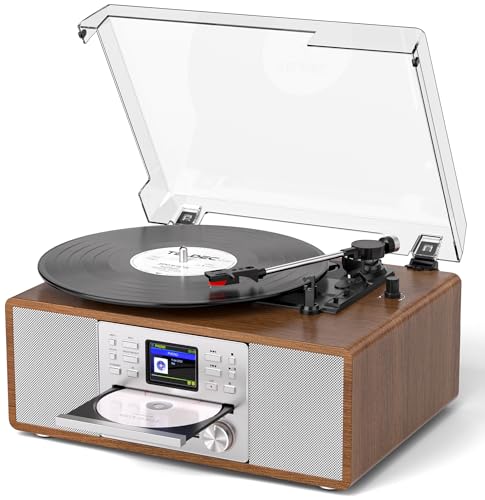 8-in-1 Retro Bluetooth Record Player with Built-in Stereo Speakers | Wireless 3-Speed Turntable for Vinyl, CD, MP3, USB/SD
