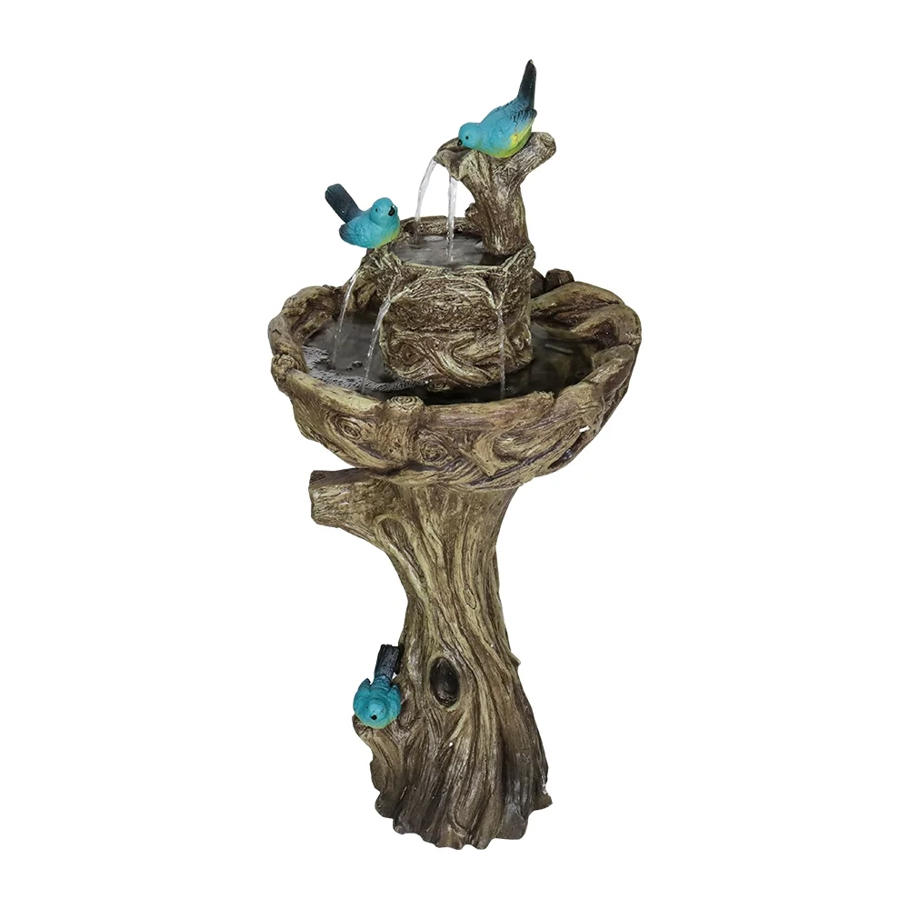 3-Tier Outdoor Water Fountain Bird Bath Patio Fountain Outdoor Stump Like Waterfall Fountain with Birds Decor Freestanding Patio Water Fountain Pump
