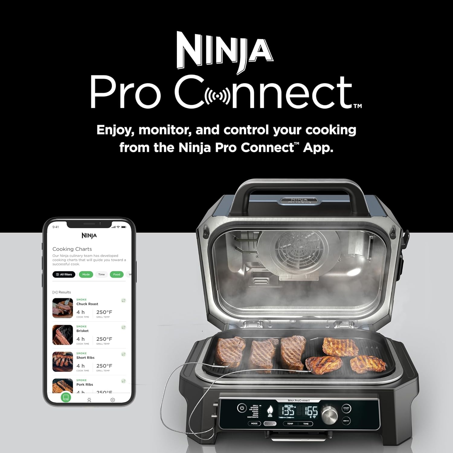 Ninja OG951 Woodfire Pro Connect Premium XL Outdoor Grill & Smoker, Bluetooth, App Enabled, Air Fryer, Woodfire Technology, 2 Built-In Thermometers