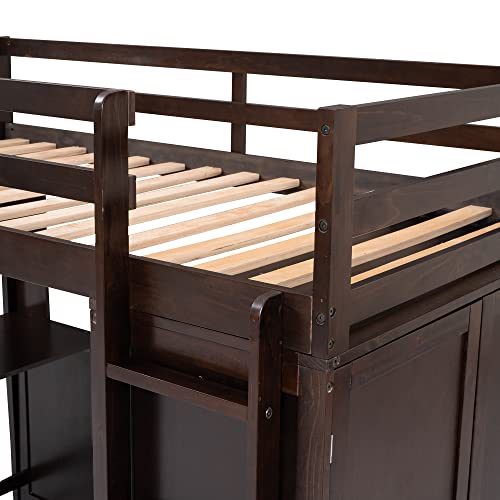 Loft Bed with Desk and Wardrobe Full Size Loft Beds Frame with Storage Drawers Cabinet Wood All in One Beds for Kids Boys Girls Teens Bedroom Dorm