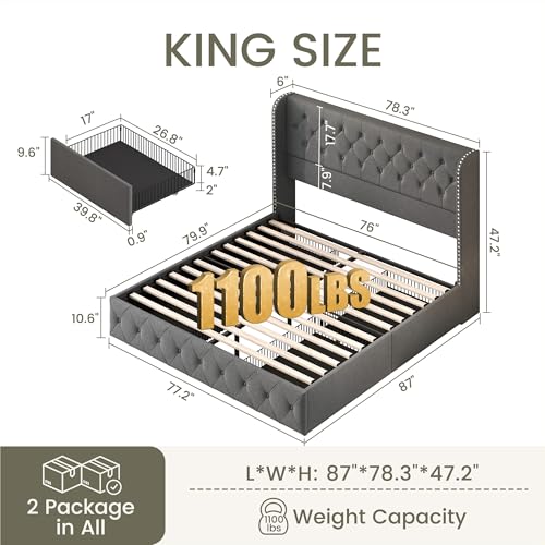King Size Bed Frame with 4 Storage Drawers and Tufted Headboard Linen Upholstered Platform Bed Frame Wingback Beds with Wooden Slats Support