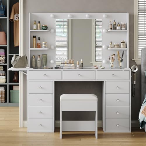 55" W Vanity Desk, Makeup Vanity with Charging Station, 15 Drawers with Lighted Mirror, 3 Lighting Modes, Brightness Adjustable, Glass Top