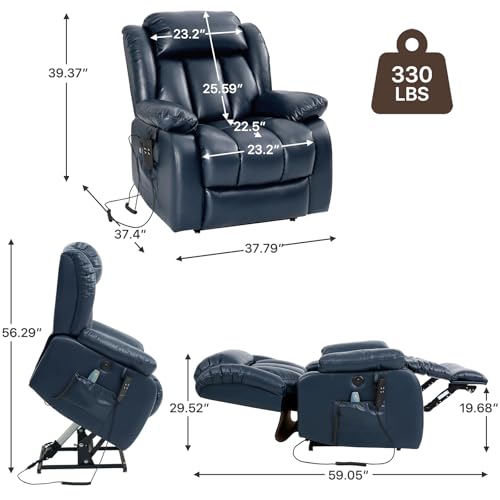 EDILLY Large Genuine Leather Power Lift Recliner Chairs for Elderly, Dual Motor with Massage and Heating,Double Lumbar Cushion and Extended Footrest