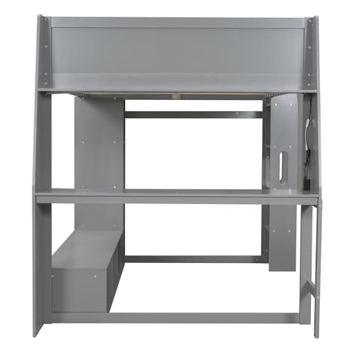 Modern Full Size Gaming Loft Bed with Built-in Desk and Storage Wardrobe, Wood Loft Bed Frame with Light Strip and 2 Drawers