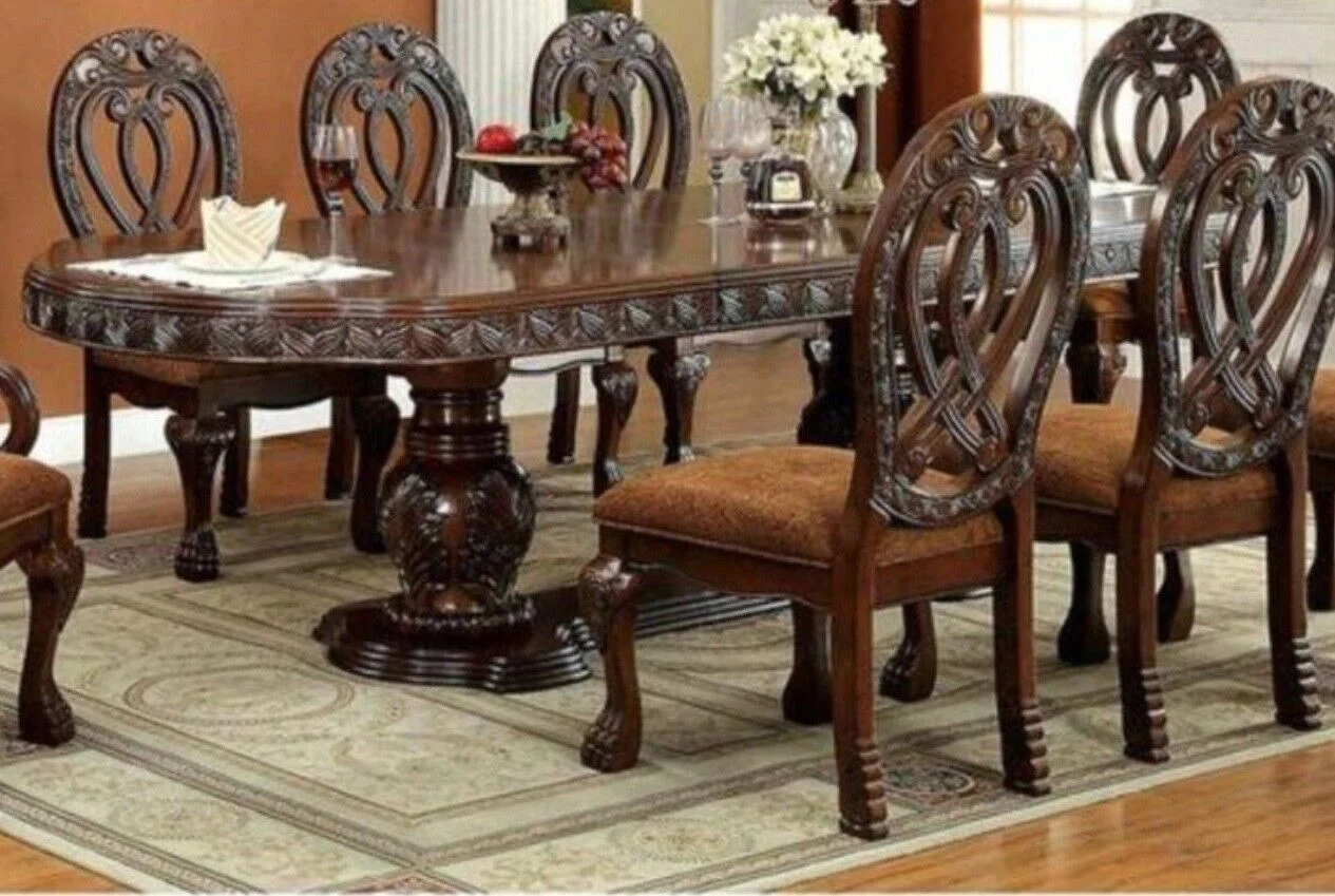 Royal Formal Cherry Solid wood 7pc Dining Set Dining Table w Leaf 2x Arm Chairs 4x Side Chairs Kitchen Breakfast Pedestal Base - Radiant Selections