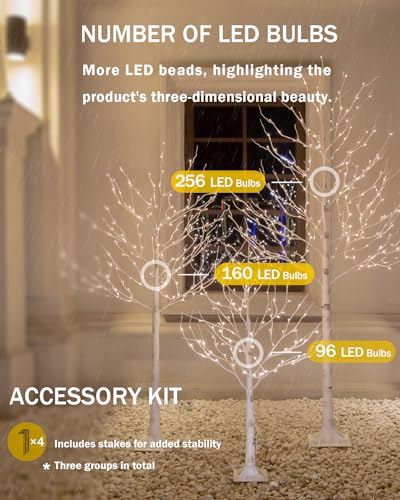 Lighted Birch Tree Set 4ft, 6ft and 8ft with Warm White LED Lights for Holiday Decor - Realistic Design, UL Certified, Dimmable, Waterproof