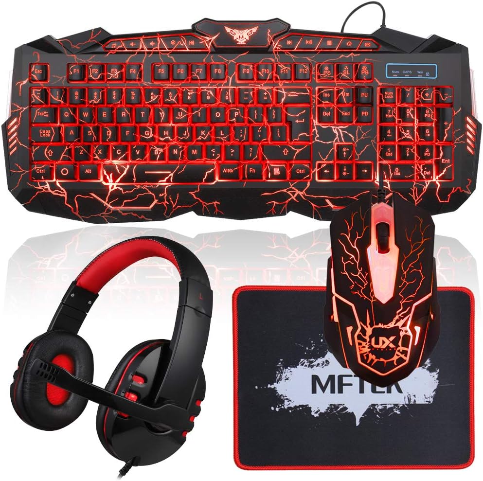 Gaming Keyboard and Mouse Combo with Headset, MFTEK Crack Backlit 3 Colors Keyboard, Wired Gaming Mouse, Lighted Gaming Headset with Microphone Set