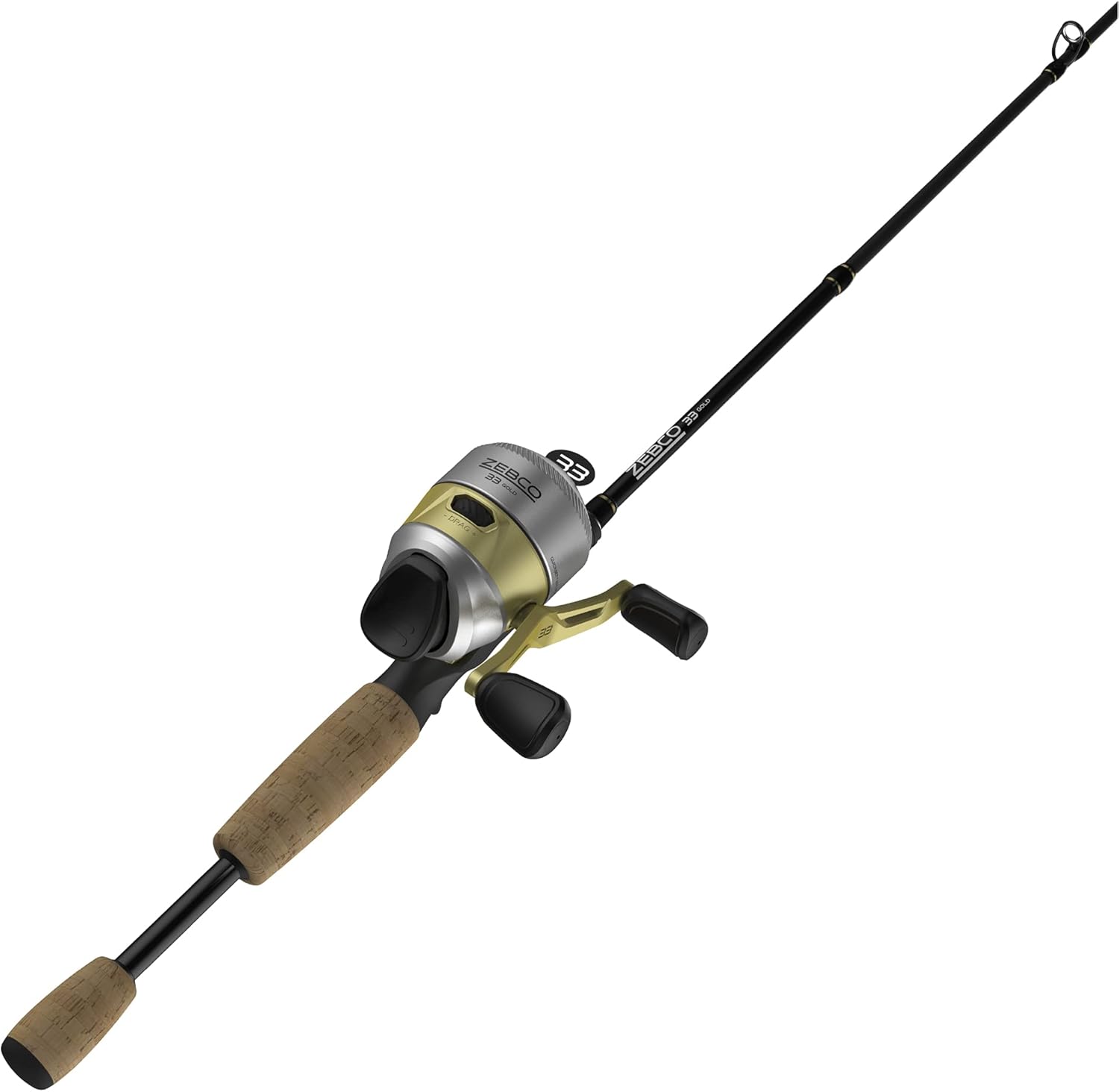 Zebco 33 Gold Spincast Reel and 2-Piece Fishing Rod Combo, Fiberglass Rod with Comfortable Split-Grip Cork Handle, Instant Anti-Reverse Fishing Reel
